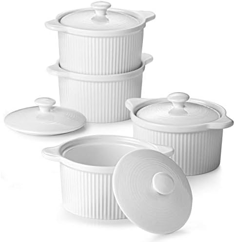 DOWAN 7 oz Ramekins with Lids Oven Safe, Creme Brulee Ramekins with Cover and Handle, Stackable Ceramic Bowls for Baking, Pudding, Dipping, Souffle Dish, Set of 4, White