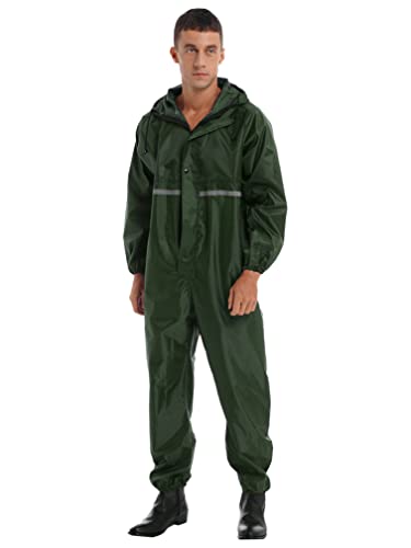 ranrann Motorcycle Rain Suit for Men & Women One Piece Waterproof Coveralls Reflective Strip Rainsuit Dark Green Large