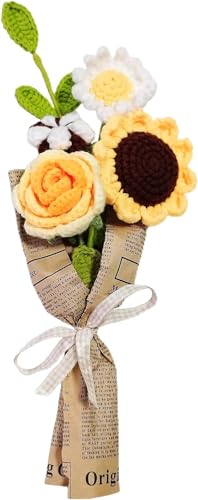 DRYFAL Bouquet de Fleurs au Crochet Fini Fait à la Main - Mélange de Fleurs tricotées à la Main - Rose Tournesol - Marguerite Artificielle pour Vase, décoration d'intérieur, Cadeau