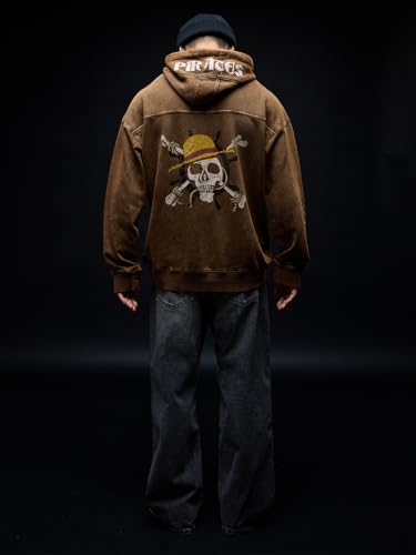 Image of The Souled Store One Piece: Pirates Men and Boys Long Sleeves Hooded Neck Brown Graphic Printed Cotton Blend Oversized Hoodies