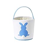 Easter Bunny Basket Easter Bucket Egg Hunt Basket for Kids, Canvas Rabbit Print Basket w. Fluffy Tail, Candy Egg Toy Easter Basket Tote w. Handle (Blue)