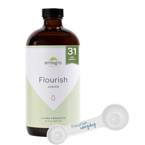 Image of ENTEGRO Flourish Junior Liquid Probiotic & Postbiotic Supplement with Spoon - Plastic | 11 Live Cultures | Gut & Digestive Health for Women, Men & Kids | Vegan & Gluten Free | USA Made | 16 fl oz