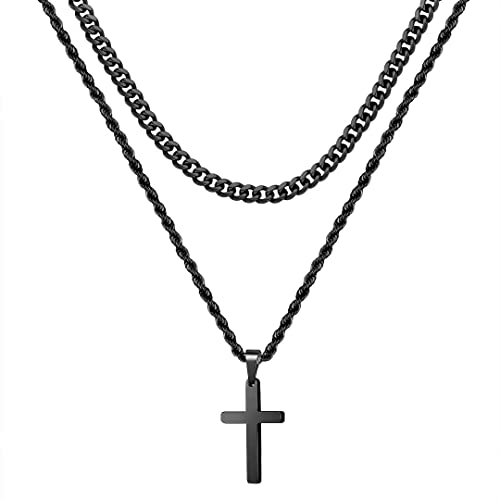 Layered Cross Necklace for Men, 18K Gold Silver Black Stainless Steel Mens Cross Necklaces Cross Chain Layered Rope Chain Cross Necklace for Men Women Boy Girls 16 18 20 22 24 Inch Necklace,