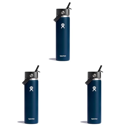 Image of Hydro Flask Water Bottle - Insulated Stainless Steel - Wide Straw Lid, Non Spill, Leakproof in 24 Oz Indigo Blue (Pack of 3)