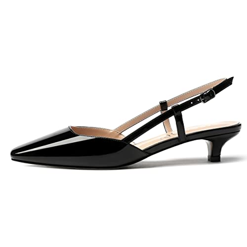 MERRORI Women's Solid Square Toe Patent Slingback Buckle Kitten Low Heel Pumps Shoes 1.5 Inch2