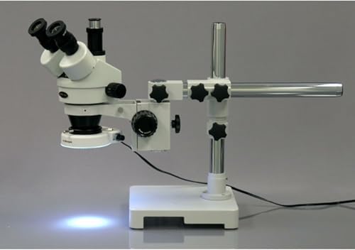 Image of AmScope SM-3TX-80S Professional Trinocular Stereo Zoom Microscope, WH10x Eyepieces, 3.5X-45X Magnification, 0.7X-4.5X Zoom Objective, 80-Bulb LED Ring Light, Single-Arm Boom Stand, 90V-265V, Includes 0.5X Barlow Lens