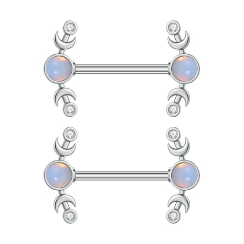 Kokoma 14G CZ Heart Nipple Rings Rhinestone Opal Simple Moon Nipple Shield Barbell Ring Nipple Barbells Tongue Ring Piercing Nipplerings Dainty Body Piercing Jewelry for Women