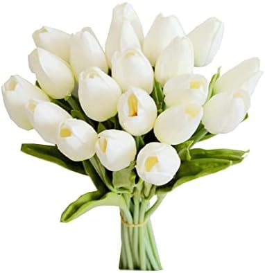 Mandy's White Artificial Tulips Flowers Centerpiece, 13.5" Lifelike PU Fake Floral Stems 2...