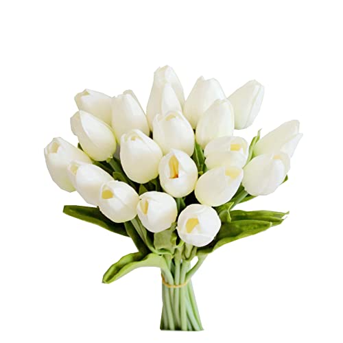 Mandy's Artificial Tulips 20 Stems White PU Faux Flowers for Valentine's Day and Easter Decorations Wedding Home Decor 13.5 Inch