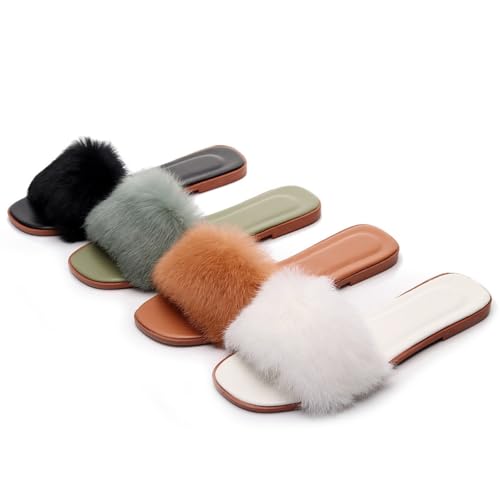 FAYUEKEY Fuzzy Slippers for Women Faux Fur Cozy Fluffy House Bedroom Open Toe Sandals Slide4