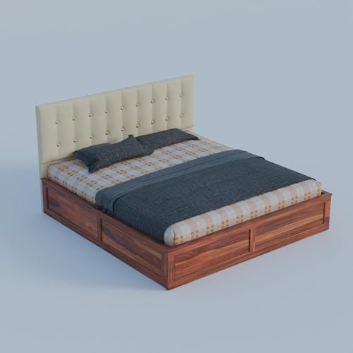 Image of Sheesham Wood King Size Bed with Storage Box | Double Bed for Home | Platform Cot with Cushioned Headboard | Upholstered Beds | Recommended Mattress 78x72 Inch | Cream & Honey Finish