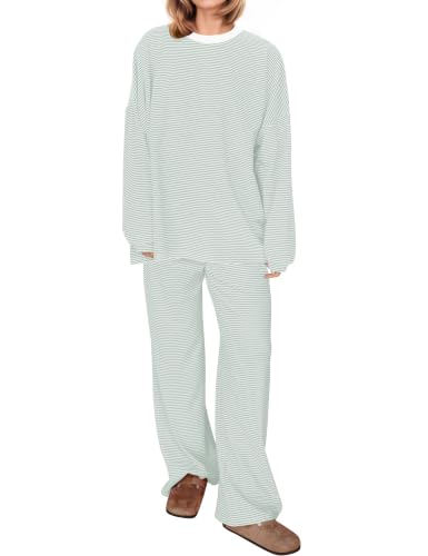 Image of MISSACTIVER Women's 2 Piece Striped Lounge Set Long Sleeve Oversized T-Shirt Wide Leg Pants Matching Pajamas Set