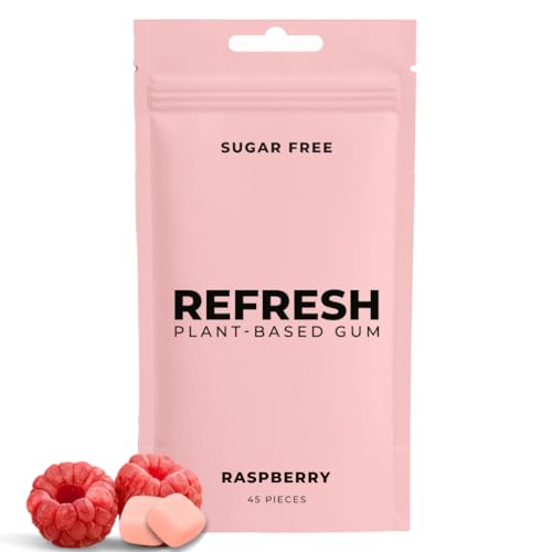 Refresh Gum, Sugar Free, Natural, Xylitol, Aspartame Free Chewing Gum, Natural Flavors & Organic Ingredients, Plastic Free, Non GMO, Gluten Free, Vegan Pouches (45 Count (Pack of 1), Raspberry)