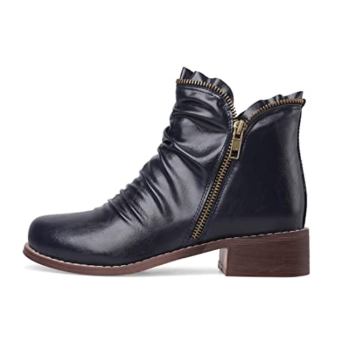 VOKLIN Women's Retro Flat Low Heel Dress Ankle Booties Round Toe Double Zipper Comfort Dressy Short Boots3