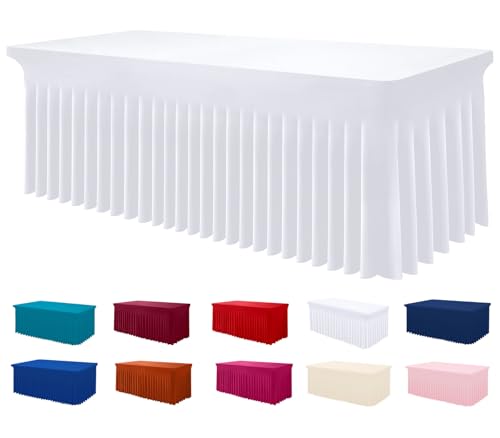 Image of Smiry Spandex Elastic Fitted Table Cloth Skirt for 8FT Rectangle Table | Stretch Washable Table Cloth, Banquet Table Cover for Wedding, Party, Indoor & Trade Shows, (White, 96Lx24Wx30H)