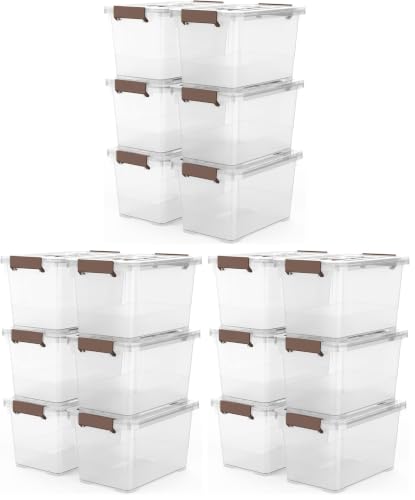 Image of WYT 18-Pack Clear 7 Quart Storage Latch Box /Bins, Plastic Stackable Latching Box with Brown Handle and Lid, Multi-Purpose, 7 Litre