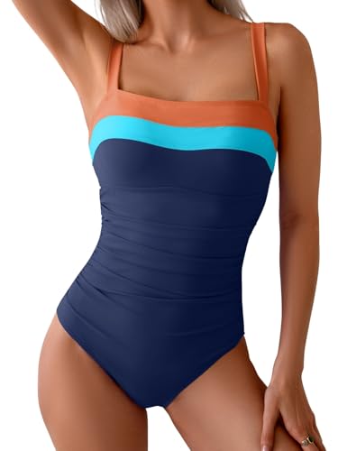 Eomenie Women's One Piece Swimsuit Tummy Control Ruched Bathing Suit Full Coverage Slimming Swimwear Color Block Swim Suit