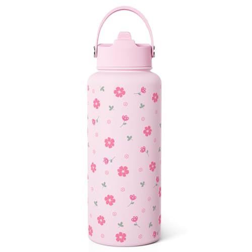 SANDJEST Floral Water Bottle 32oz Stainless Steel with Lid, Insulated Bottles for Women Girls, Gifts Ideas for Birthday Christmas