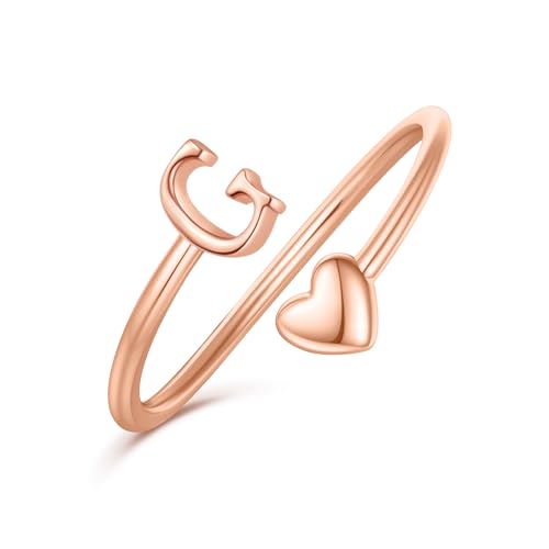 Ailetop Heart Initial Rings for Teen Girls, Adjustable Rose Gold Rings for Women Teen Girl Gifts Trendy Stuff Cute Dainty Letter G Initial Ring Jewelry, Birthday Gifts for Girls Women Daughter Mom