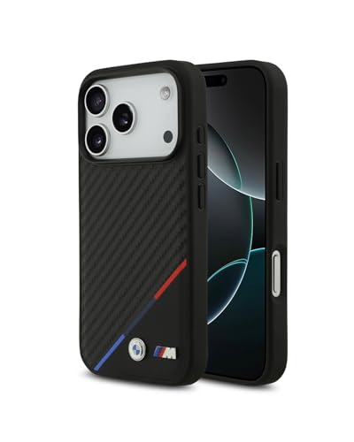 Image of CG MOBILE BMW [Official Licensed] Protective Case Designed for iPhone 17 Pro Max |Magnetic Compatible|M Collection|Pu Leather Case Carbon & Tricolor Stripe with Metal Logos -Black