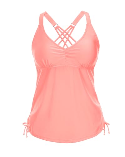 Tempt Me Women Coral Pink Tankini Top Only V Neck Swim...