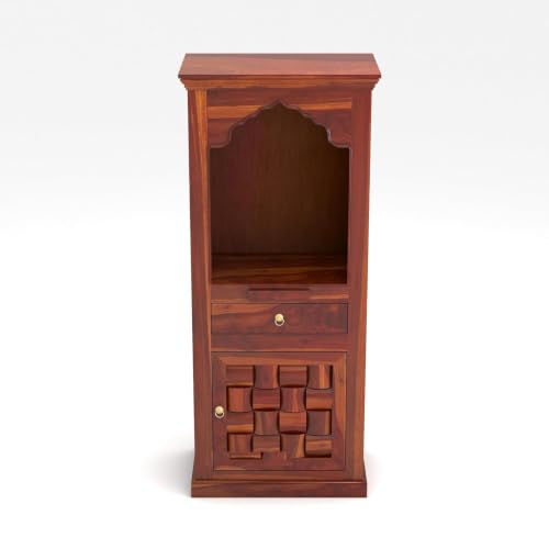 Image of Solid Sheesham Wood Temple for Home & Office /Mandir /God Stand /Pooja Stand /Home Mandap /Mandapam with Cabinet Doors & Multiple Storage /Shelf with Drawers (Honey TmN, 23x15x57 inch)