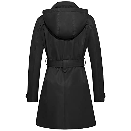 Farvalue Women'S Waterproof Trench Coat Double Breasted Windbreaker Classic Belted Lapel Overcoat With Removable Hood Black Medium thumb #1