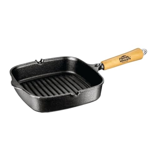 Frigideira grill quadrada ferro fundido 23,5cm 2L com cabo em madeira naval – Panela Mineira® ideal para grelhados e legumes
