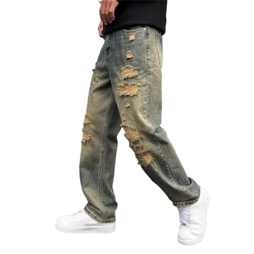Men's Street Style Ripped Loose Straight Jeans American Retro High Street Trousers