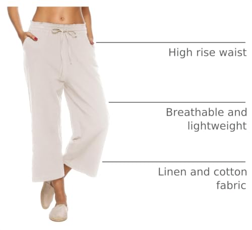 Image of LNX Womens Linen Capri Pants Wide Leg High Waisted Drawstring Casual Cropped Pants with Pockets