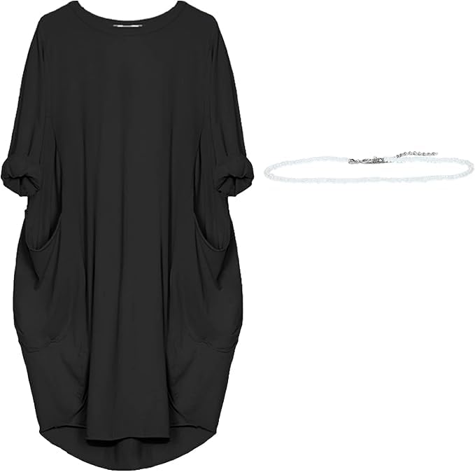 aromm Damen T Shirts Rundhalsausschnitt Kleid Lose Einfach Lässig Übergröße Midi Longshirt mit Taschen Schwarz,3XL
