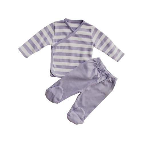 MINUTUS Conjunto Bebé Rayas Jersey y Polaina, Primera Puesta, Ropa Recién Nacido, 100% Algodón, 2 Piezas (Malva, 0 1 mes (50 a 56 cm))