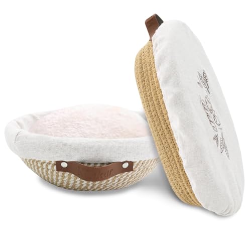 Eikovia Bread Proofing Basket,Sourdough Bread Baking Supplies,Breads Bowls for Rising and Baking,9 Inch Round and 10 Inch Oval Cotton Rope Proofing Bowls with Covers,2Pcs Silicone Breads Sling