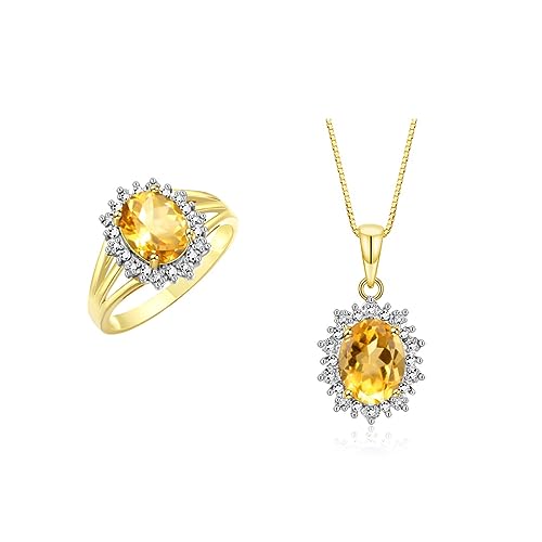 Image of Rylos Women's Yellow Gold Plated Silver Princess Diana Ring & Pendant Set. Gemstone & Diamonds, 9X7MM Birthstone. Matching Friendship Jewelry, Sizes 5-10.