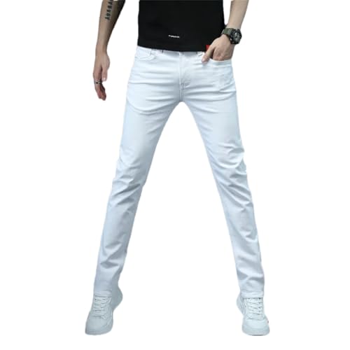 Men Solid Color Cotton Jeans Skinny Stretch Slim Blue Classic Denim Trousers White 36