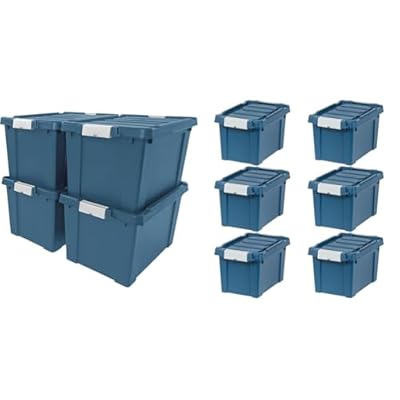 IRIS USA 20 Gallon Lockable Storage Bins with Lids (4 Pack) + IRIS USA 5 Gallon Lockable Storage Bins with Lids (6 Pack) - Stackable Containers, Heavy-Duty, Eco-Friendly, Navy, Made in USA