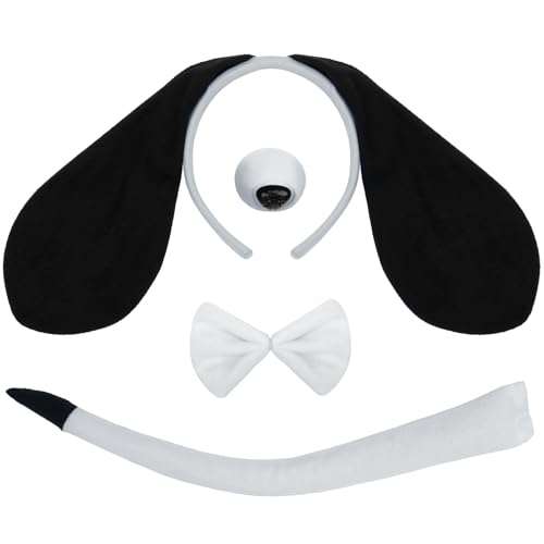 Mototo Dog Costume Set 4 PCS Puppy Animal Costume Black and White Dog Ears Headband and Tail Nose Bow Tie Accessories for Adult Halloween Christmas Theme Party Animal Cosplay