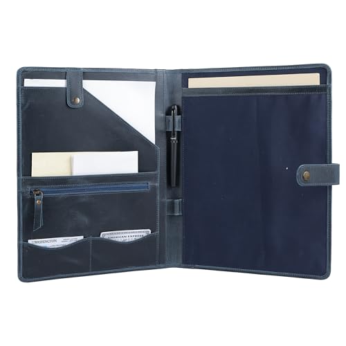 Image of KomalC Leather Portfolio Folder with Button Closure | Business Padfolio for Professionals | Vintage Organizer with Legal Pad Holder, Card Slots & Document Pockets (Blue)