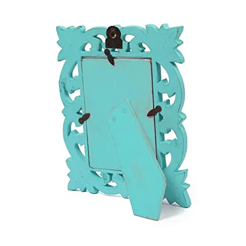 Image of Wooden Hand Carved Rectangular Photo Frame for Wall Mounted and Tabletops Display - 5x7 Inches Picture Frame - Wood Carving Decorative Home Decor Accessories Distressed Finish (Turquoise)