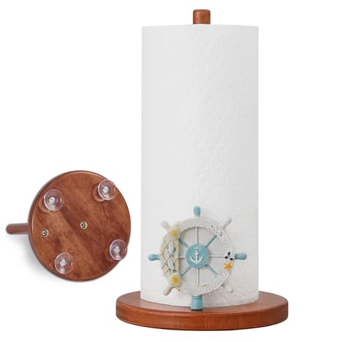 Nautical Ship Wheel Paper Towel Holder for Kitchen,Stable Wooden Countertop Stand with Enlarged Suction Base,Beach Themed Gifts for Women,Ocean Room and Beach Room Decor,Apartment Essentials