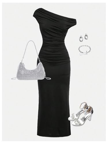 Floerns Girl's Ruched Asymmetrical Neck Short Sleeve Prom Party Bodycon Long Dress4