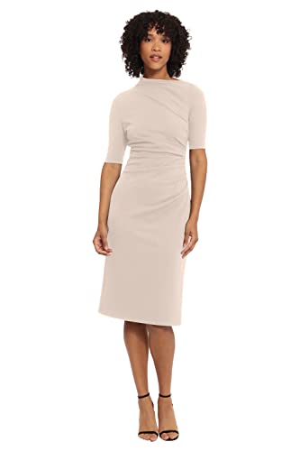 Image of Maggy London Women's Maggy London Women's Dresses Side Pleat Dress with Asymmetric Neck and Elbow Sleeves