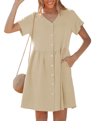 GRAPENT Flowy Dresses for Women Button Down Dress Ladies Summer Dresses Button Front Dress Women Spring Beach Vacation Outfits for 2026 Flax Small Size 4 to 6