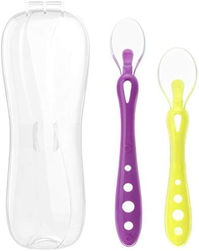 Zooawa Baby Feeding Spoons with Travel Case, BPA Free Soft-Tip First Stage Silicone Infant Spoons Baby Training Gift Set, 2 Pack, Purple & Yellow