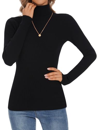 Biffxeu Black Turtleneck Sweaters for Women Ribbed Long Sleeve Pullover Sweater Slim Fit Jumpers Casual Trendy Knit Tops L