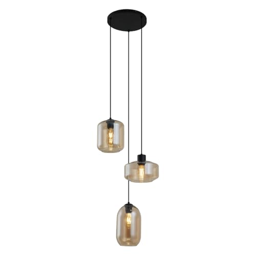 Qazqa Modern Pendelleuchte, Pendellampe - Sheena - mit bernsteinfarbenem Glas, Vintage, Rund, 3-flammig, 42cm, Ideal als Flur, Küche lampe, Schlafzimmerlampe, Wohnzimmerlampe und