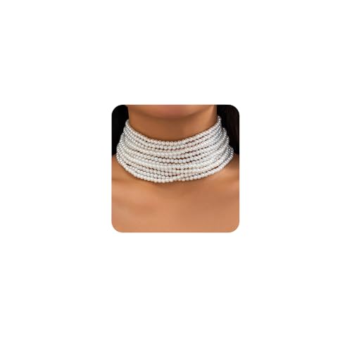 Octwine Boho Round Imitation Pearl Large Layered Choker Necklace Multi Strands Vintage Choker 1920s Bridal Wedding Christmas Vintage Shiny Necklace for Women (Silver 2)