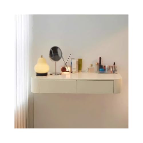 Moderna mesa flotante para maquillaje, tocador montado en la pared con 2 cajones, armario de almacenamiento de madera blanca, elegante escritorio suspendido para dormitorio y sala de maquillaje.
