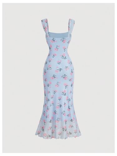 Image of Floerns Women's Rose Floral Print Mesh Midi Dress Fishtail Hem Vacation Bodycon Dresses