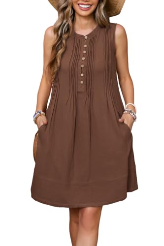 Image of R.Vivimos Sleeveless Cotton Casual Dresses for Women Summer 2026 Button Up Ruched Loose Tunic Mini Dress with Pockets